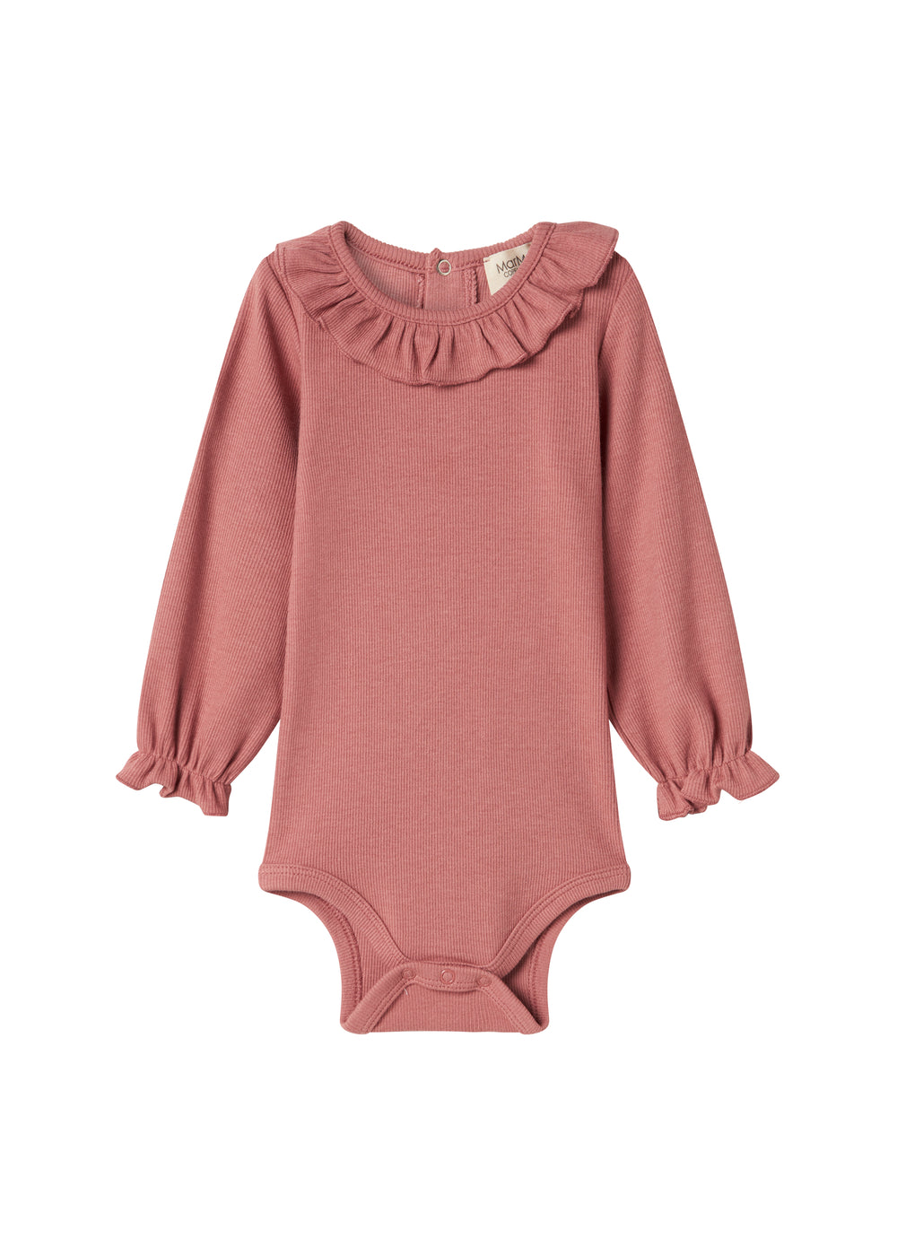 Støvet rosa ribstrikket babybody med flæsekrave og lange ærmer
