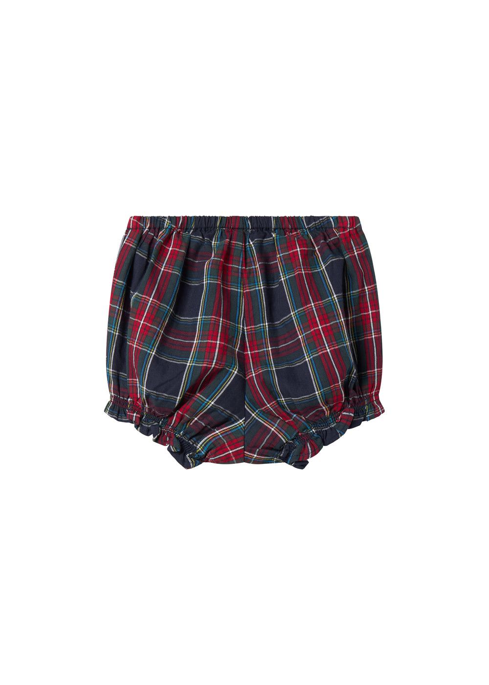 Mørkeblå og rød ternede bloomers med elastisk talje og benåbninger til baby