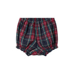 Mørkeblå og rød ternede bloomers med elastisk talje og benåbninger til baby