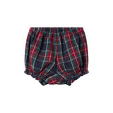 Mørkeblå og rød ternede bloomers med elastisk talje og benåbninger til baby