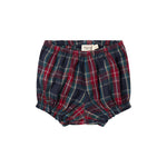 Mørkeblå og rød ternede bloomers med elastisk talje og benåbninger til baby