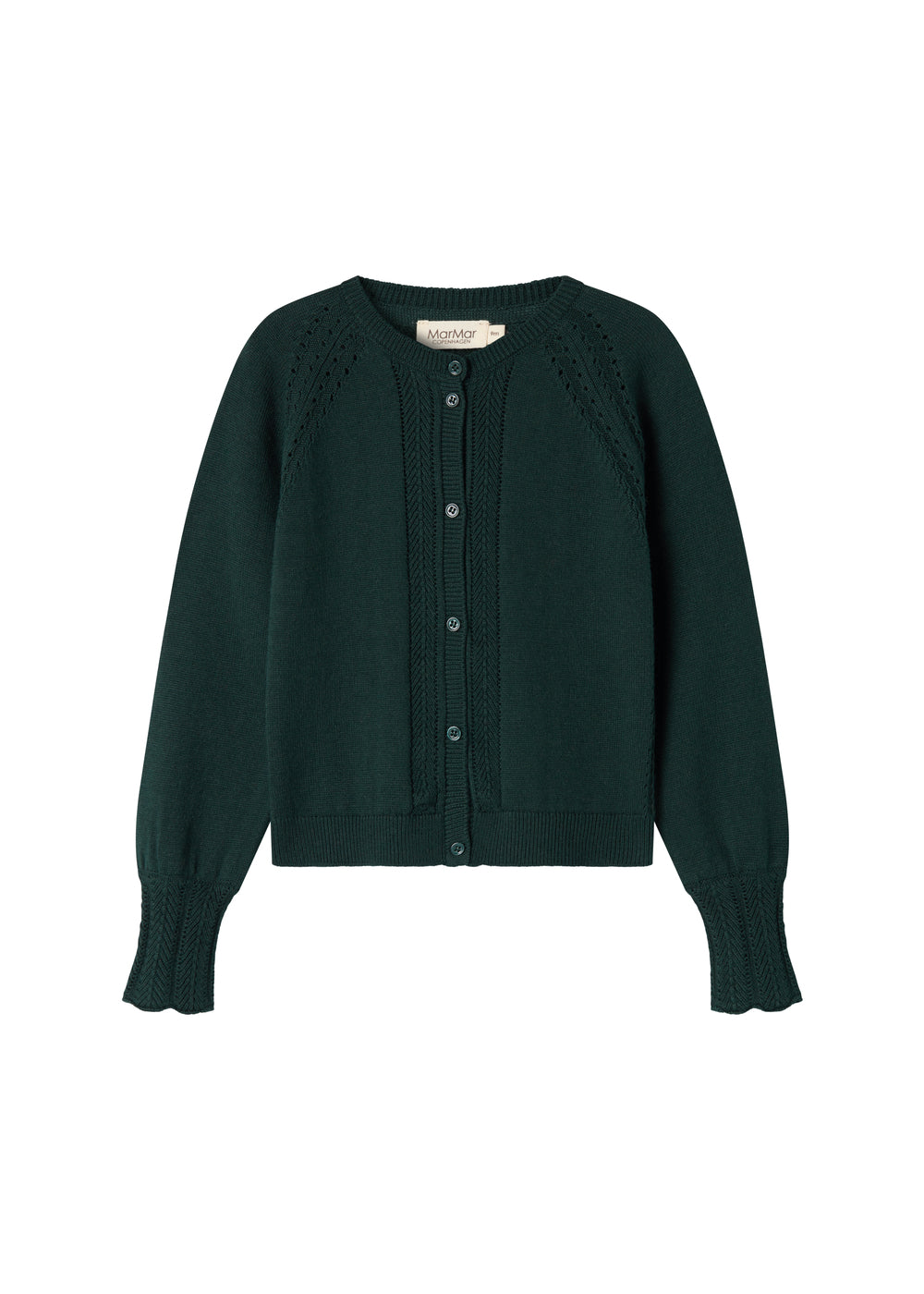 Mørkegrøn strikket cardigan med hulmønster og ribkanter til baby