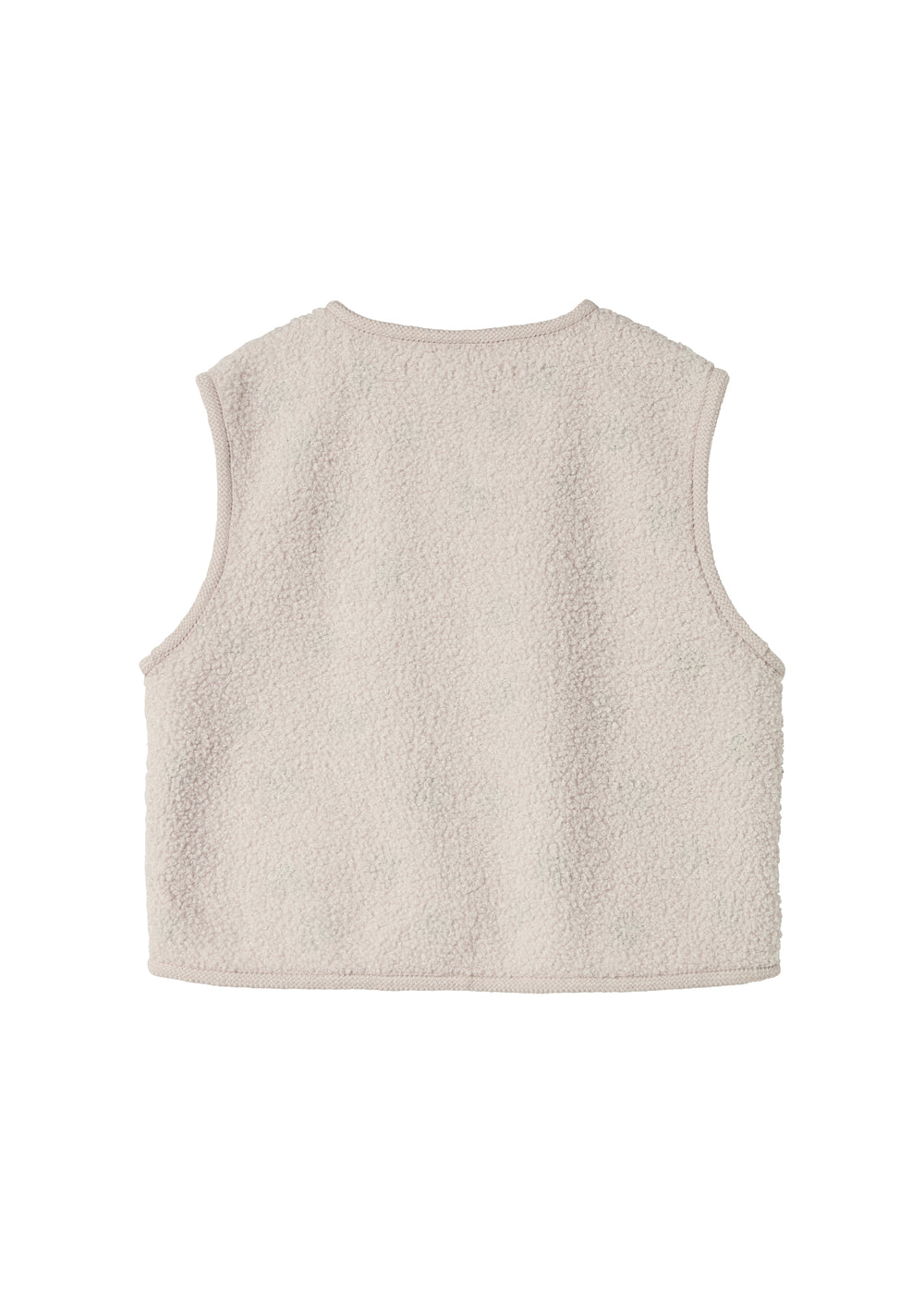 Beige teddy-vest uden mønster, blød fleece-tekstur på ryggen