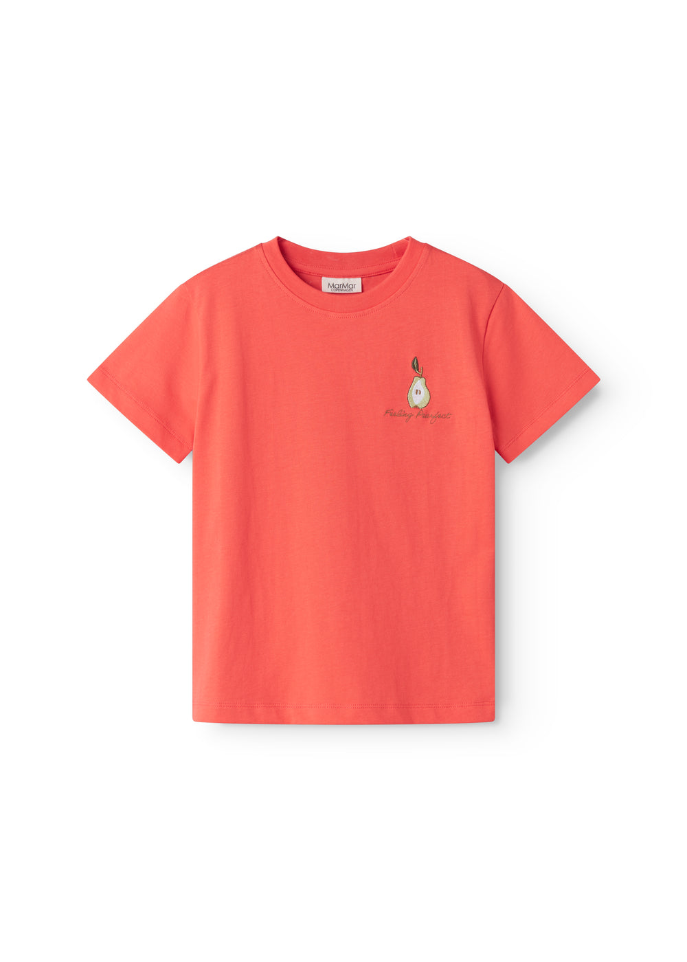 Orange børne-T-shirt med lille broderet frugtmotiv