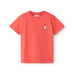 Orange børne-T-shirt med lille broderet frugtmotiv