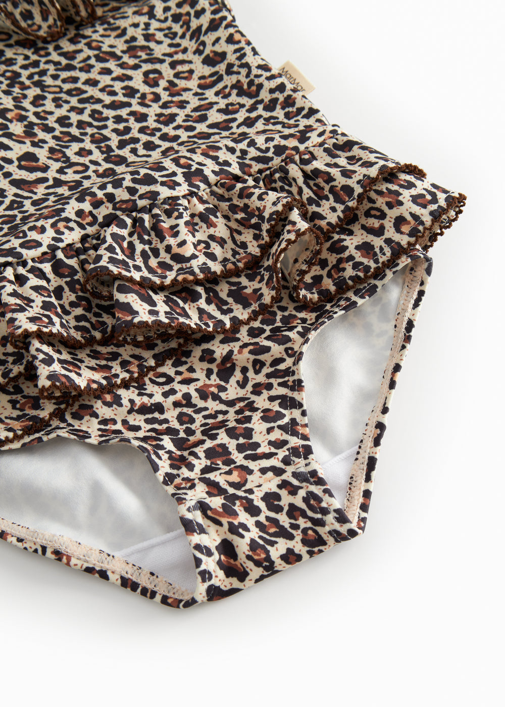 Badedragt til barn med leopardmønster, smalle stropper og flæse foran