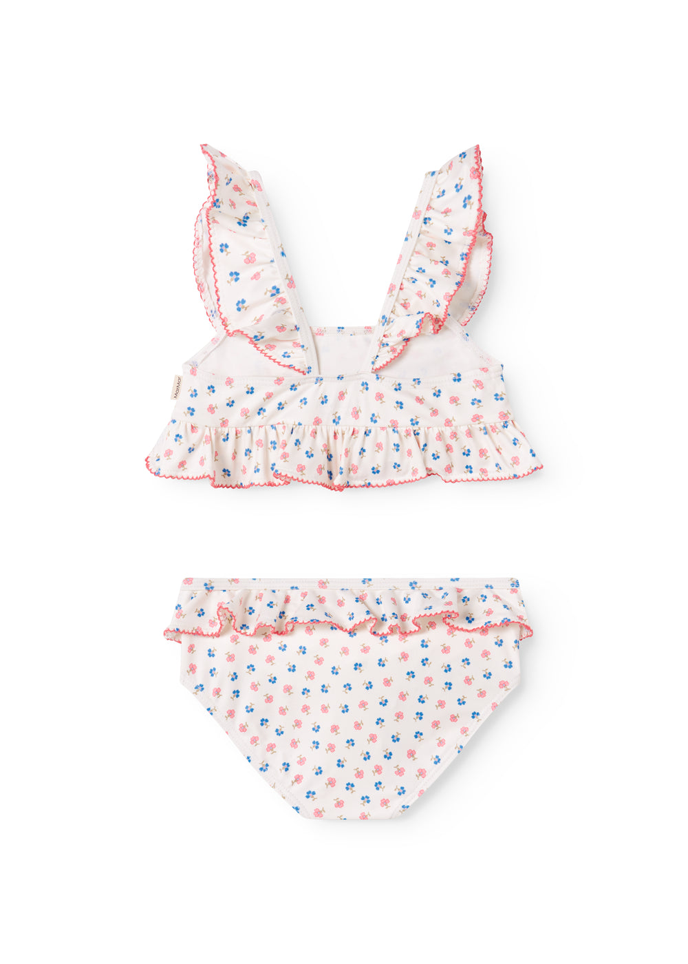 Børne bikinisæt med dobbelte volanger og mini-blomstermønster i top og trusse
