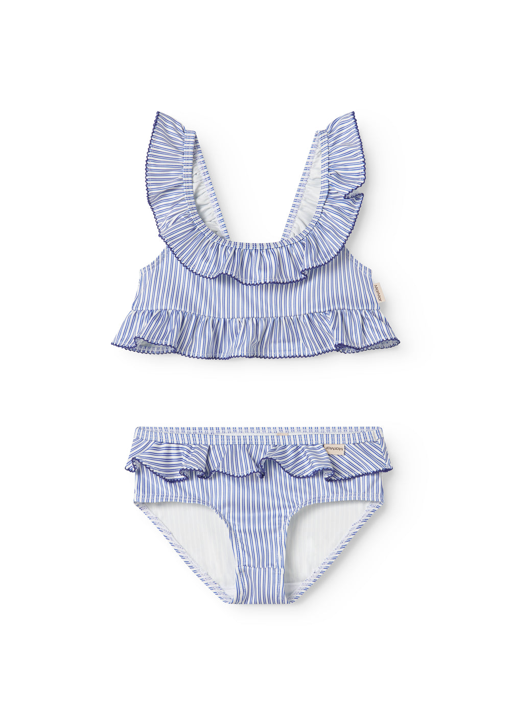 Blå stribet bikini sæt med flæse-kant top og bikinitrusser