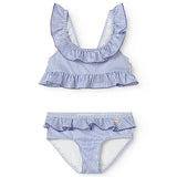 Blå stribet bikini sæt med flæse-kant top og bikinitrusser