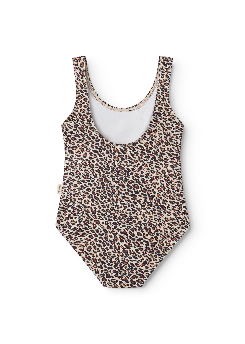 Leopardmønstret badedragt med rund halsudskæring og beige kant ved halsen