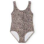 Leopardmønstret badedragt i brun og beige, u-hals og helfigur