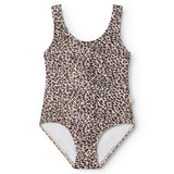 Leopardmønstret badedragt i brun og beige, u-hals og helfigur