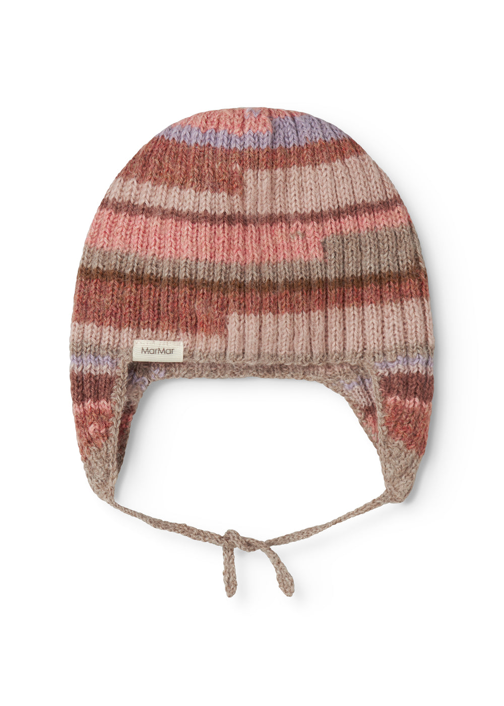 Strikhue i strikket uld med striber i rosa, brun og grå samt bindesnøre