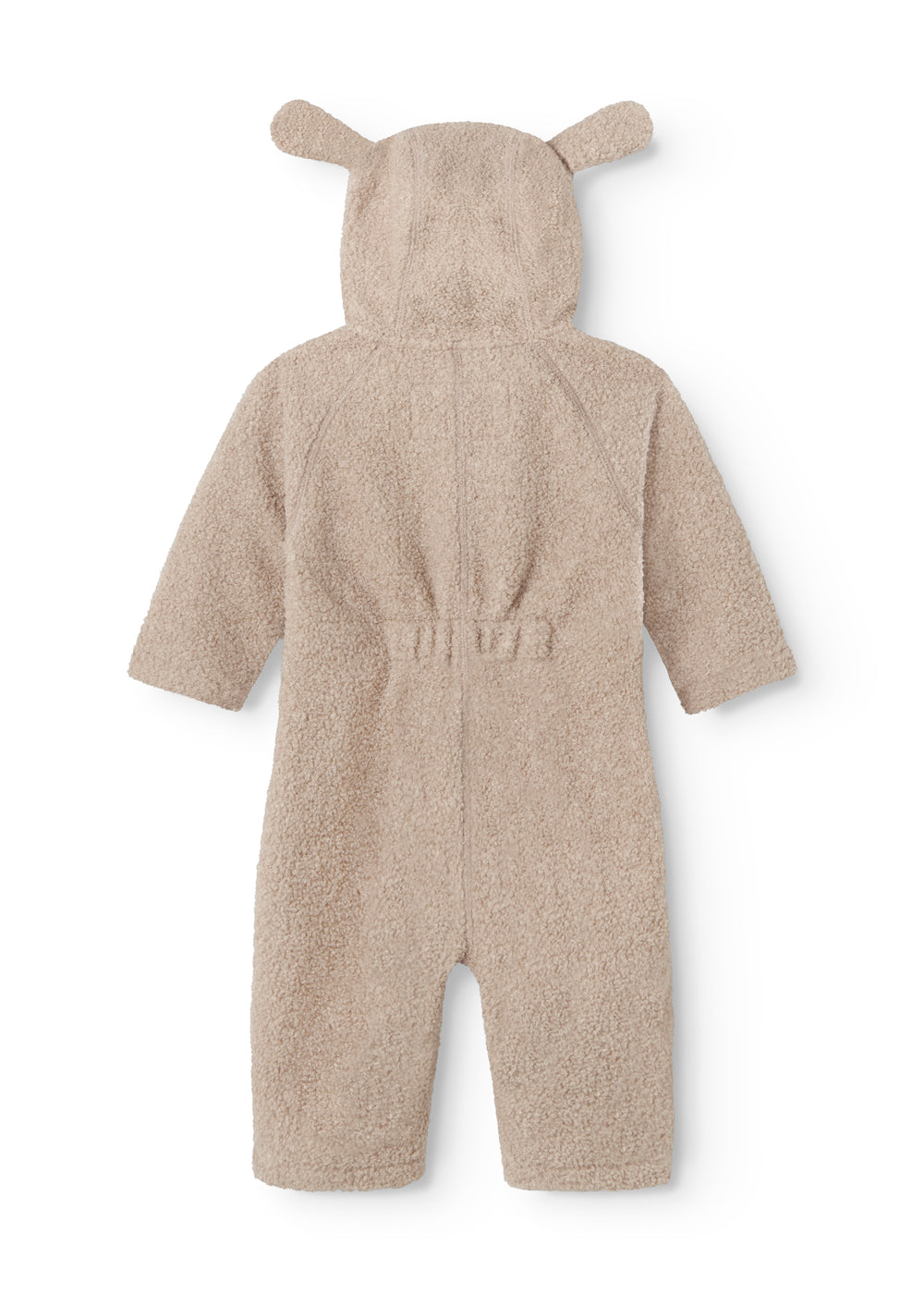 Beige teddyfleece heldragt med hætte og bjørneører, ryg med sømlinjer