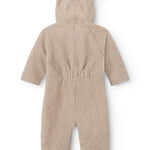 Beige teddyfleece heldragt med hætte og bjørneører, ryg med sømlinjer