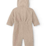 Beige teddyfleece heldragt med hætte og bjørneører, ryg med sømlinjer