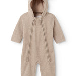 Beige teddyfleece heldragt med hætte og bjørneører, lynlås foran