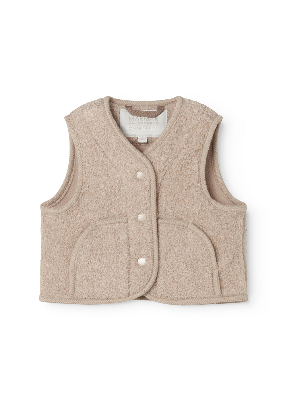 Beige teddy-vest uden ærmer med forlommer og trykknapper foran