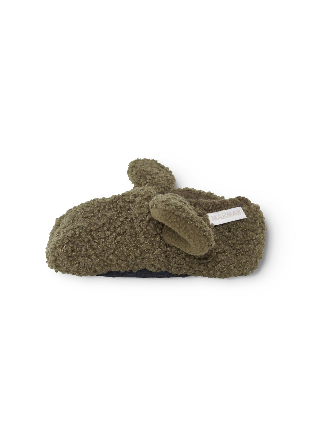 Mørkegrøn tøflesko til baby i teddy, kort skaft med overlagt detalje