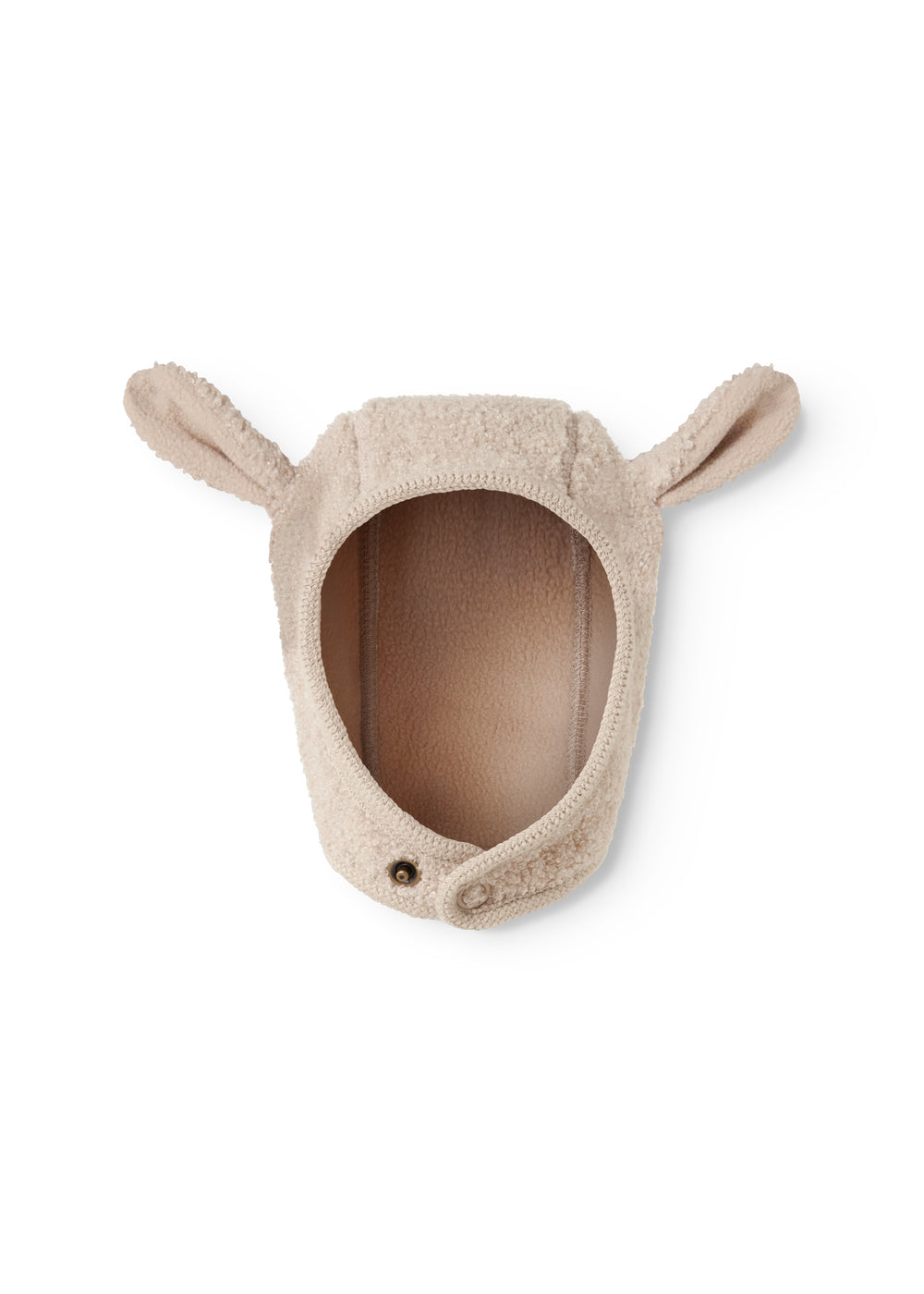 Teddyhue i mudret beige med åbning og øreflapper