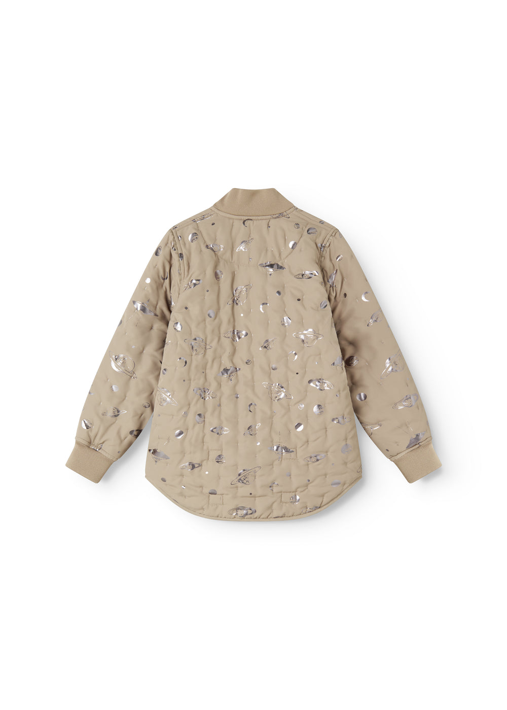Beige termojakke med space-print og ribkanter i ærmerne (rygside)