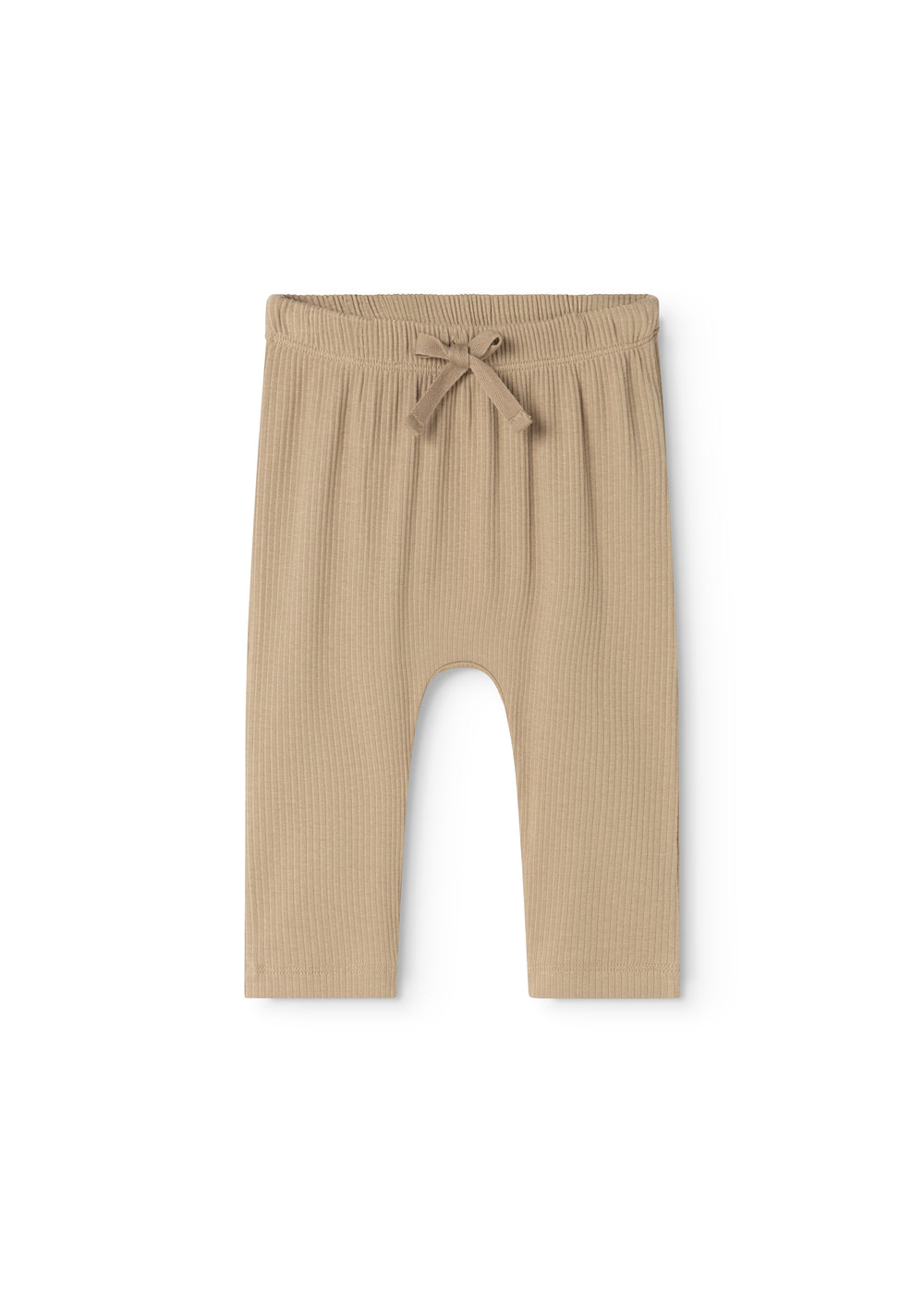 Beige ribbukser til baby med elastisk linning og knyttet sløjfe foran