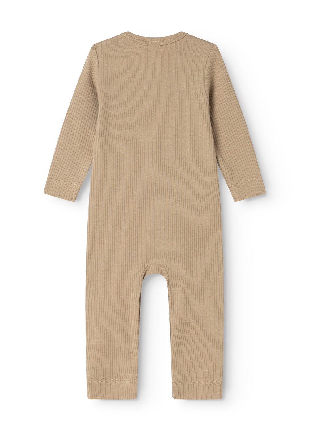 Sandfarvet babyheldragt set bagfra med lange ærmer og benåbning