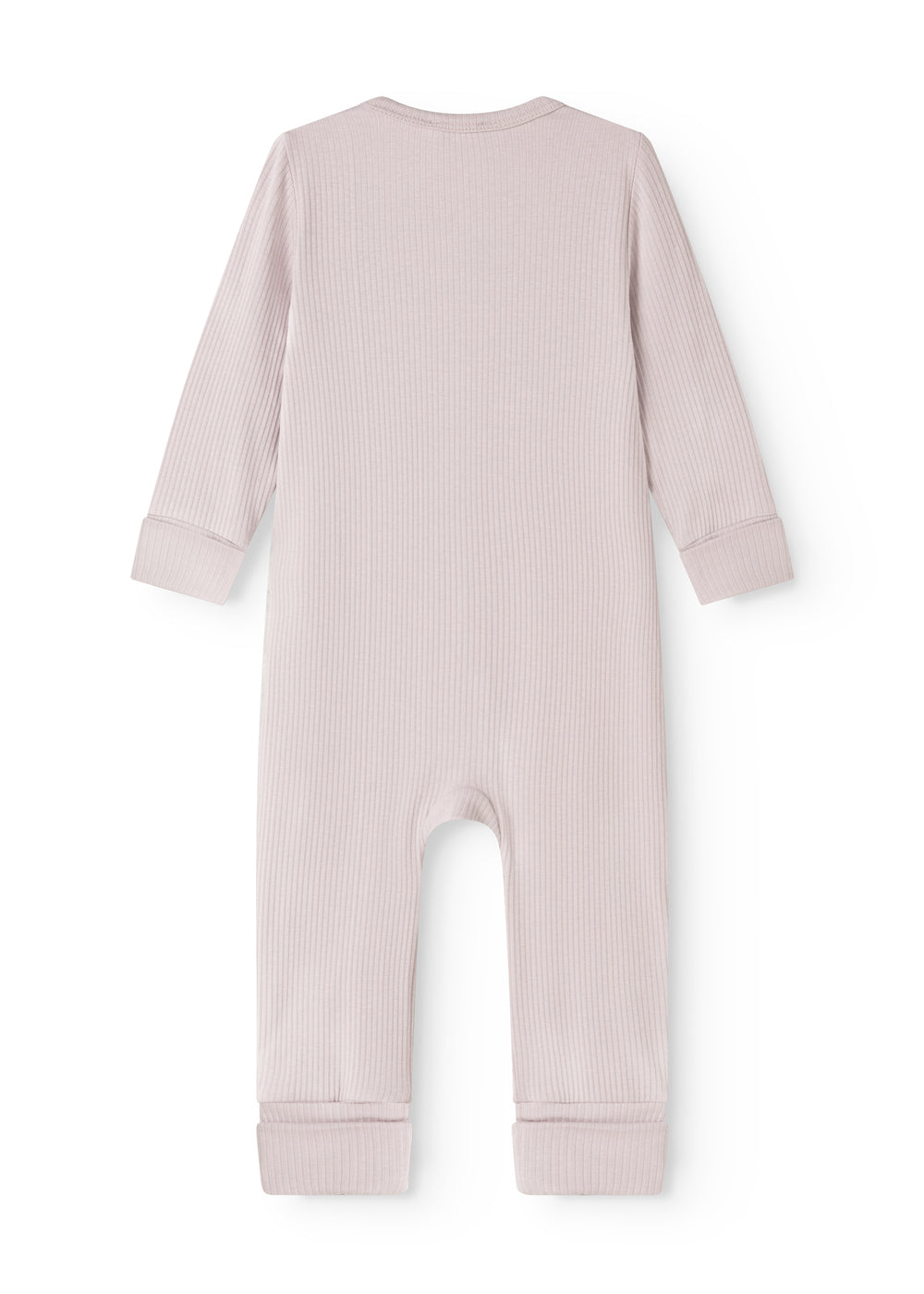 Lysegrå babyheldragt bagpå med rund halsudskæring og lange ben