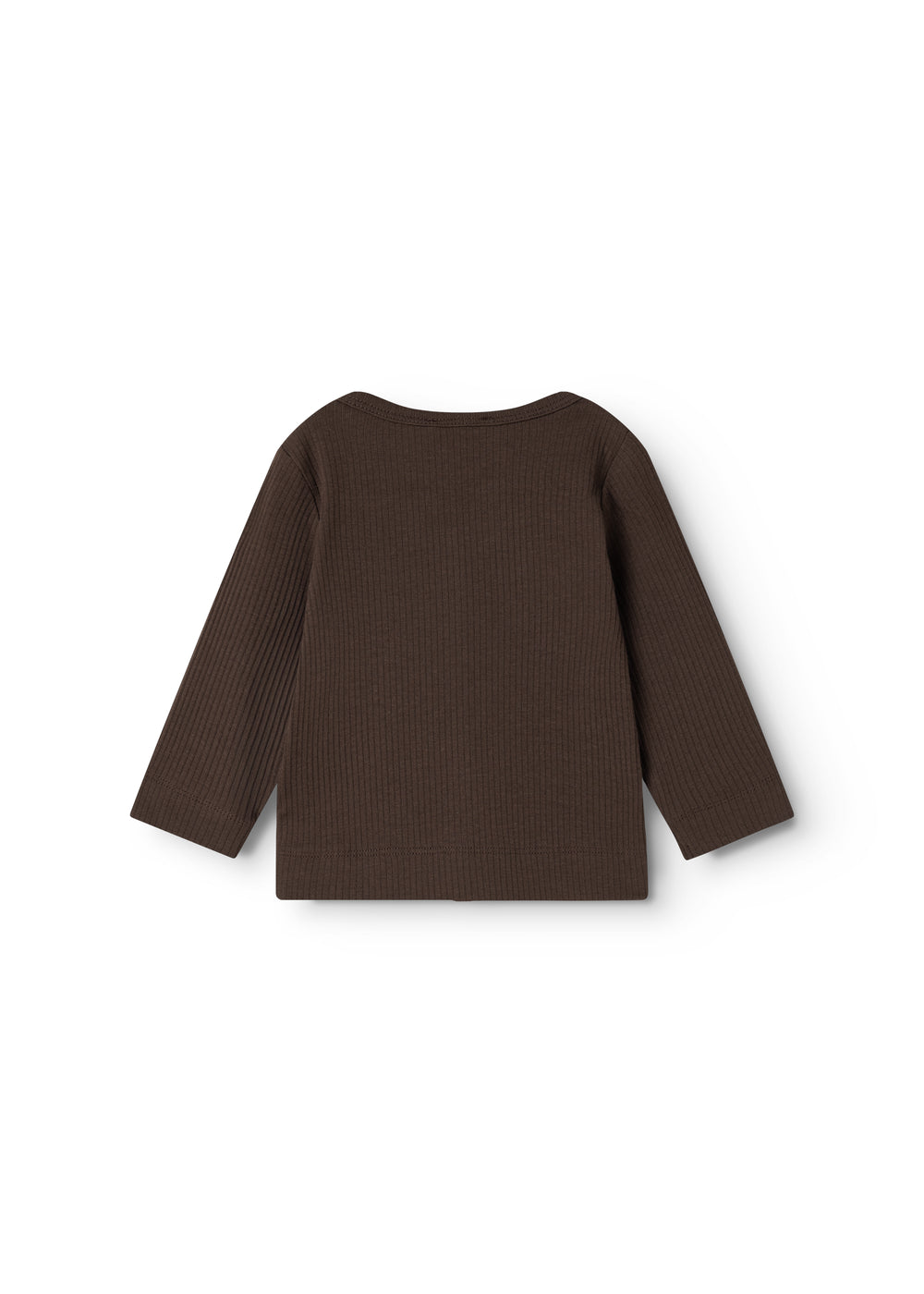 Brun strikket cardigan med rund halsudskæring og lange ærmer (ryg)
