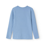 Lyseblå langærmet T-shirt set bagpå med rund hals og ribbet struktur