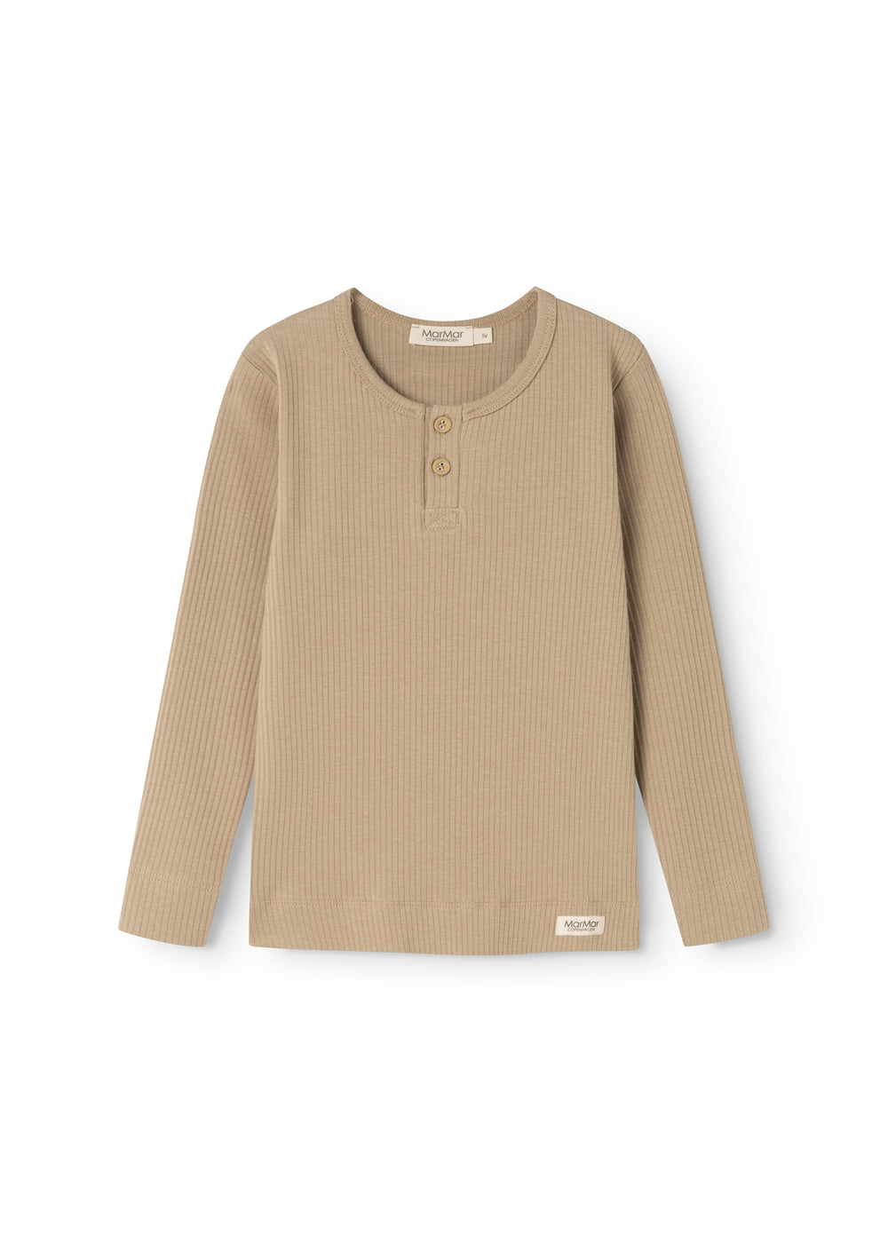 Beige langærmet t-shirt med knaplukning ved halsen og ribbet struktur