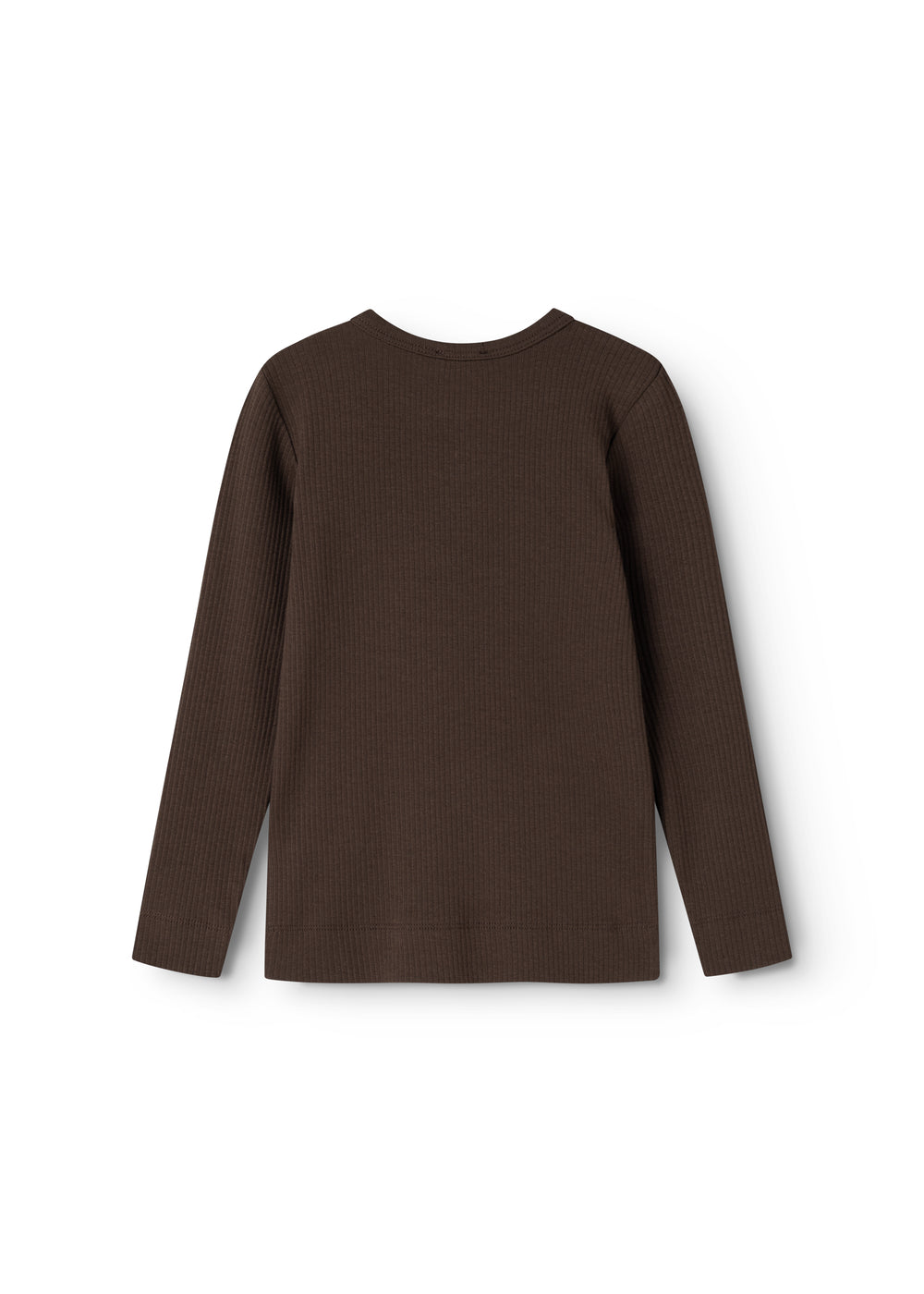 Mørk brun langærmet T-shirt med rund hals og ribbet struktur, set bagfra