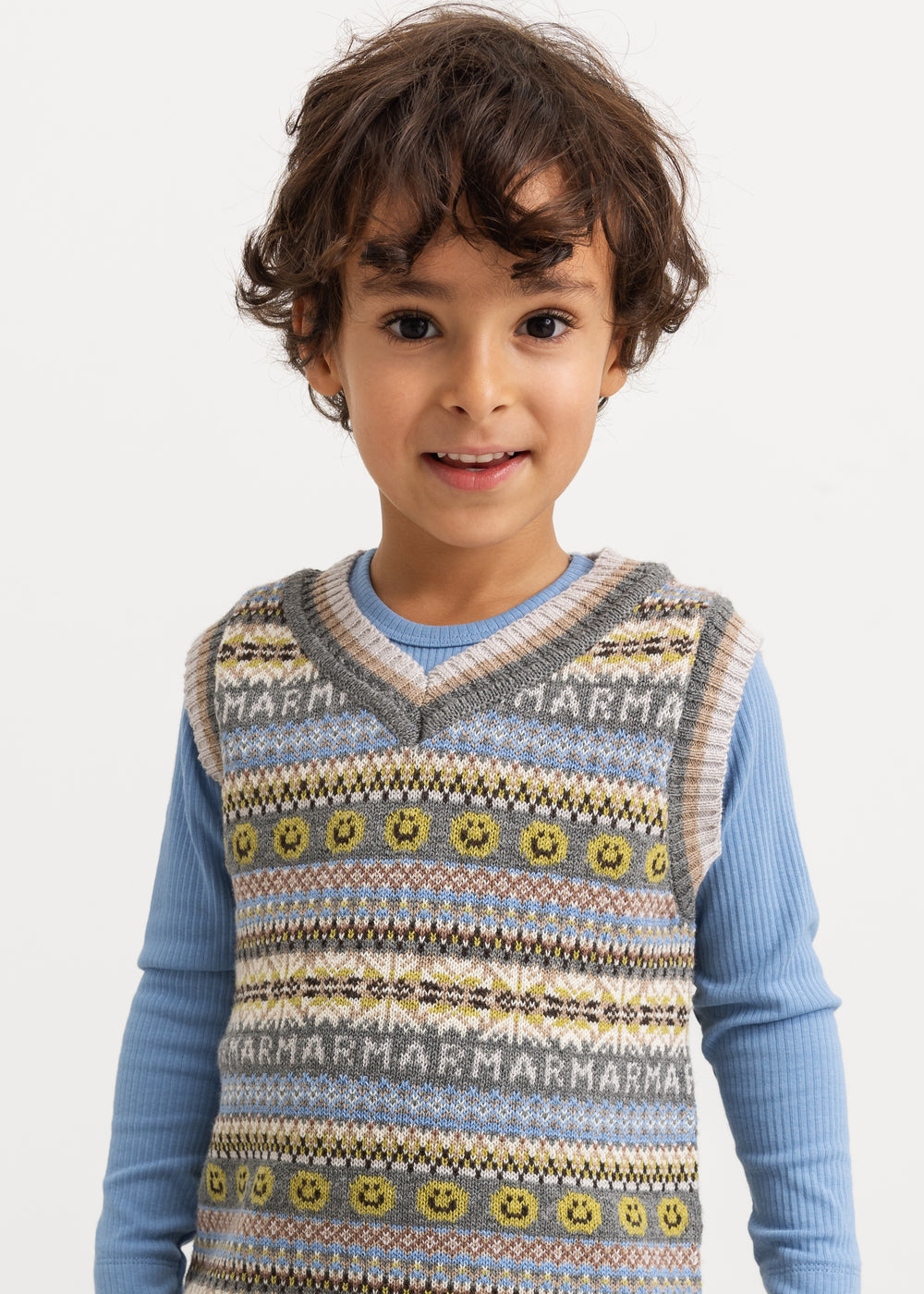 Langærmet t-shirt i lyseblå med rund hals og strikket vest-look overdel