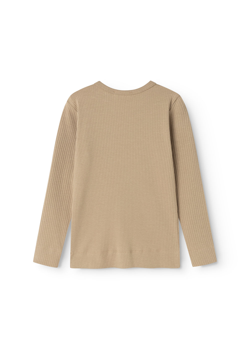 Langærmet t-shirt i mudderbrun set bagfra med rund hals og ribstruktur