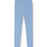 Blå leggings set bagfra i ribbet stof med elastisk linning