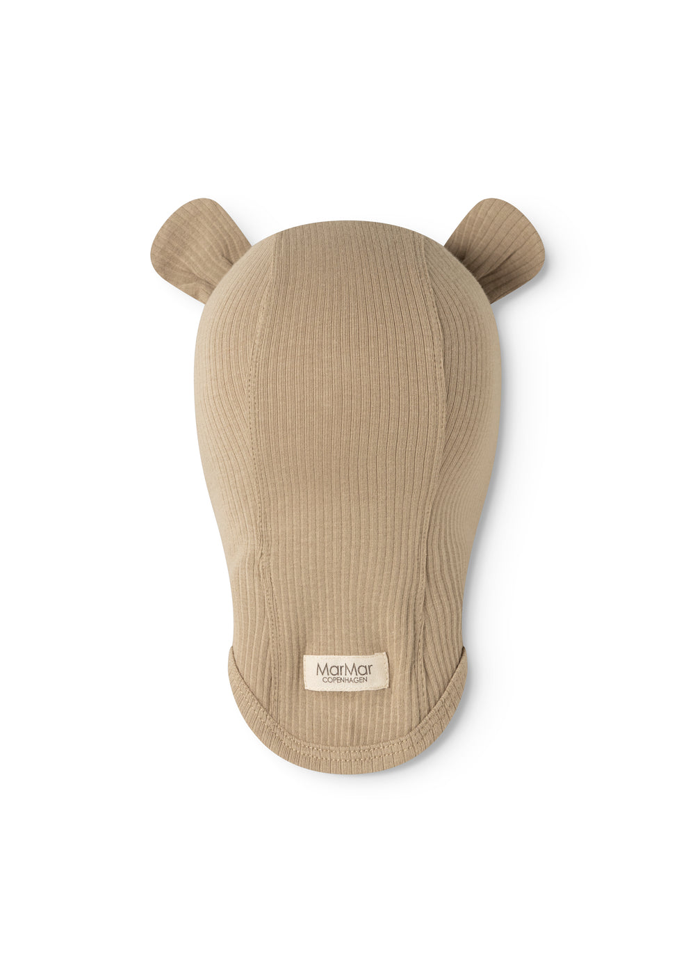 Elefanthue med øreklapper i mudret beige ribstrik, logoetiket nederst