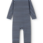 Stribet babyheldragt bagpå med lange ærmer og benåbning, blå og brun