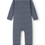 Stribet babyheldragt bagpå med lange ærmer og benåbning, blå og brun
