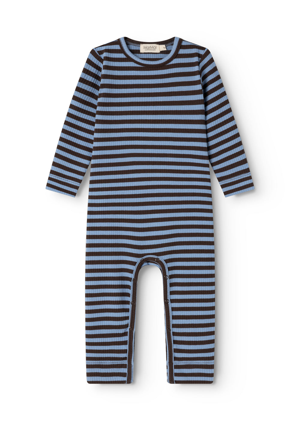 Stribet babyheldragt med lange ærmer og benåbning, blå og brun