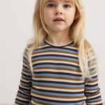 Langærmet T-shirt med vandrette striber i blå, brun og beige på barn
