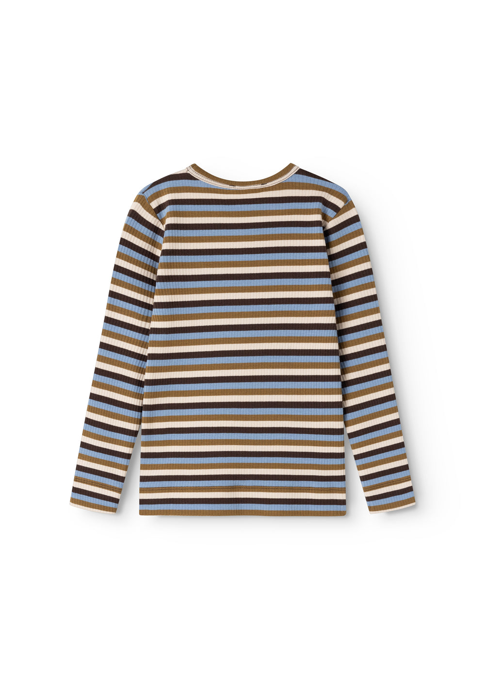 Langærmet T-shirt med vandrette striber i mørkebrun, blå og beige
