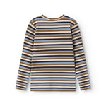 Langærmet T-shirt med vandrette striber i mørkebrun, blå og beige