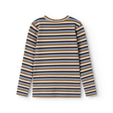 Langærmet T-shirt med vandrette striber i mørkebrun, blå og beige