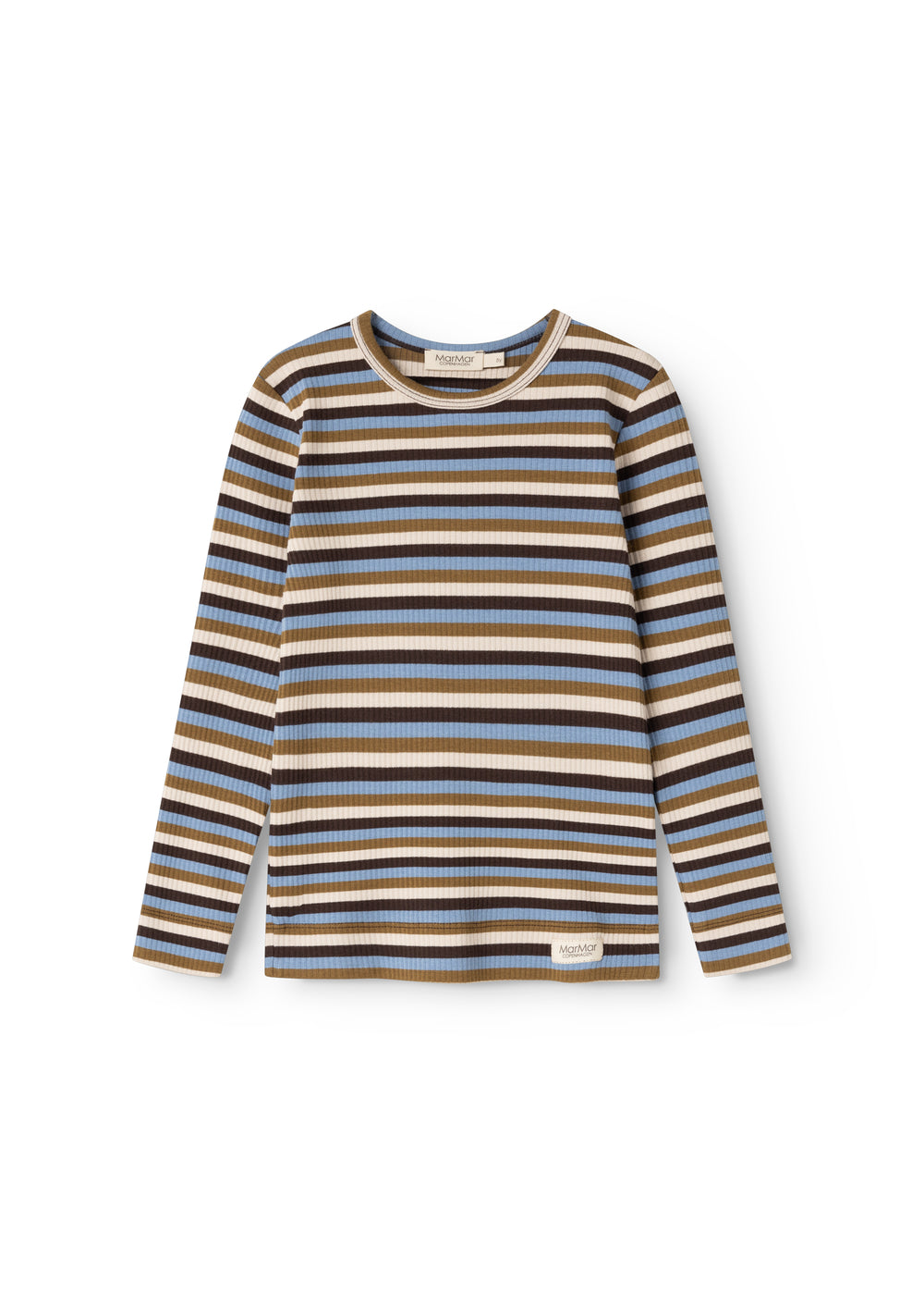 Langærmet T-shirt med marineblå striber og beige kant ved hals og manchet