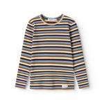 Langærmet T-shirt med marineblå striber og beige kant ved hals og manchet