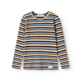 Langærmet T-shirt med marineblå striber og beige kant ved hals og manchet