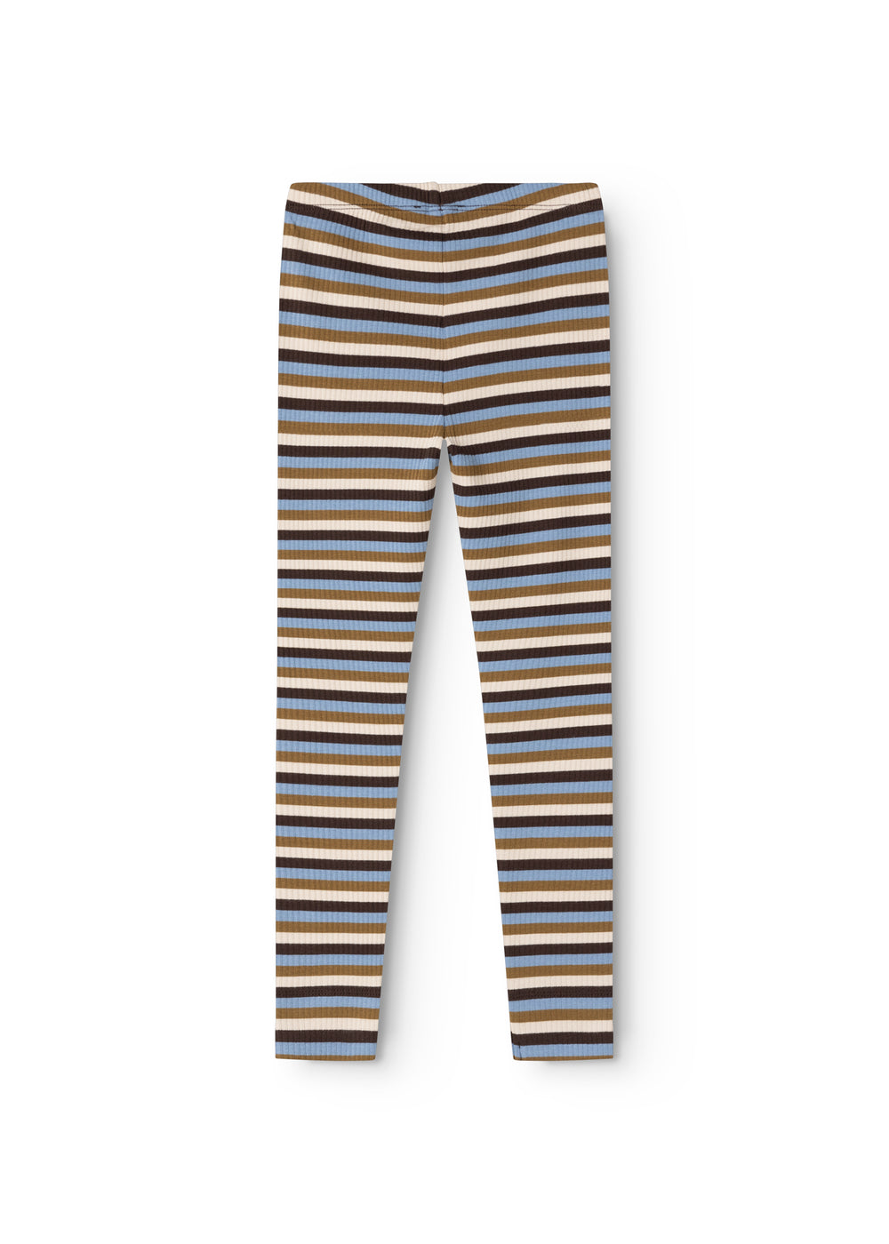 Børneleggings med vandrette striber og elastisk linning i brune og blå nuancer