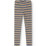 Børneleggings med vandrette striber og elastisk linning i brune og blå nuancer