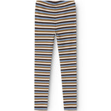 Børneleggings med vandrette striber og elastisk linning i brune og blå nuancer