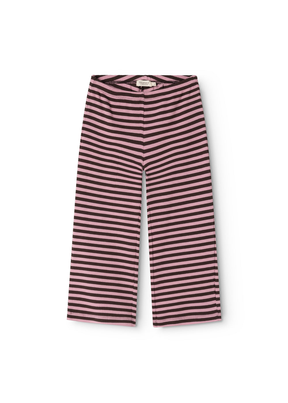 Børnebukser med striber i hvid/pink og mørk bund, elastik i taljen.